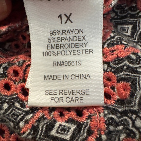 Peasant Blouse Size 1X Embroidered 3/4 Tie Sleeve Black Orange Cottagecore Top - Picture 8 of 10